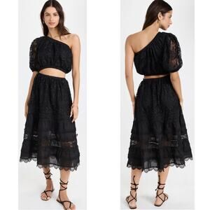 Waimari Jade One Shoulder Lace Embroidered Cutout Black Midi Dress Size XS